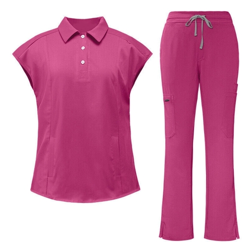 Stretch Nurse Medical Scrub Uniform Set Women Polo Neck Tops Straight Leg Pants